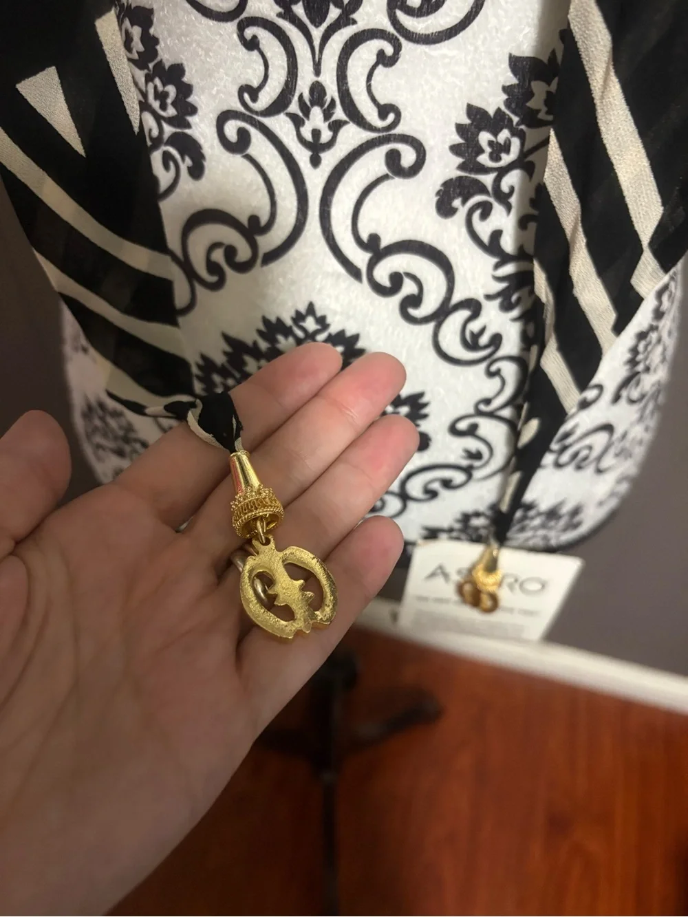ASHRO Black & White Patterned Scarf with Gold Tone Charms